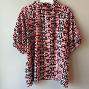 Cousin Earl blouse M/L geometric pattern pink and blue short sleeve high neck